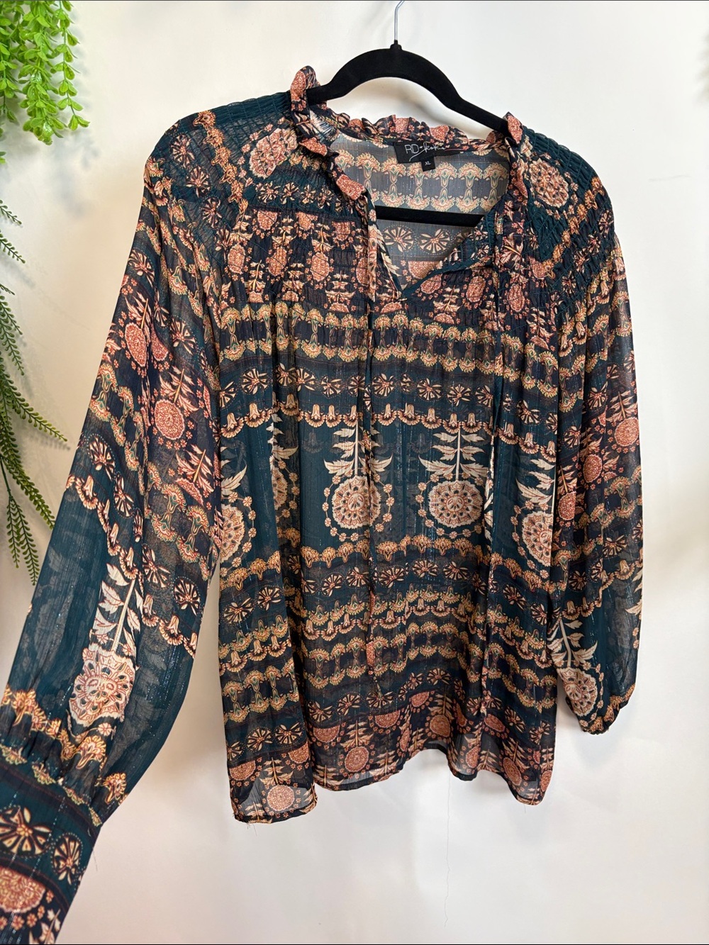 Boho Tie-Neck Peasant Blouse in Teal with Rust Floral
